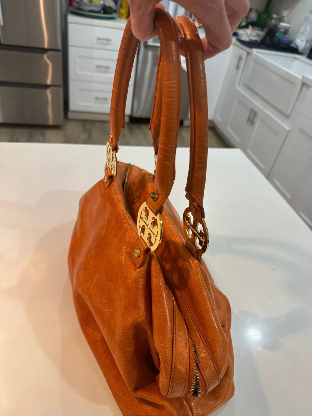 Tory Burch Orange Leather Double-Handle Shoulder Bag with Gold Logo Hardware